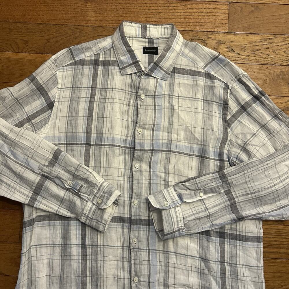 Ermengildo Zegna 100% Linen Plaid Button Up Shirt 2XL